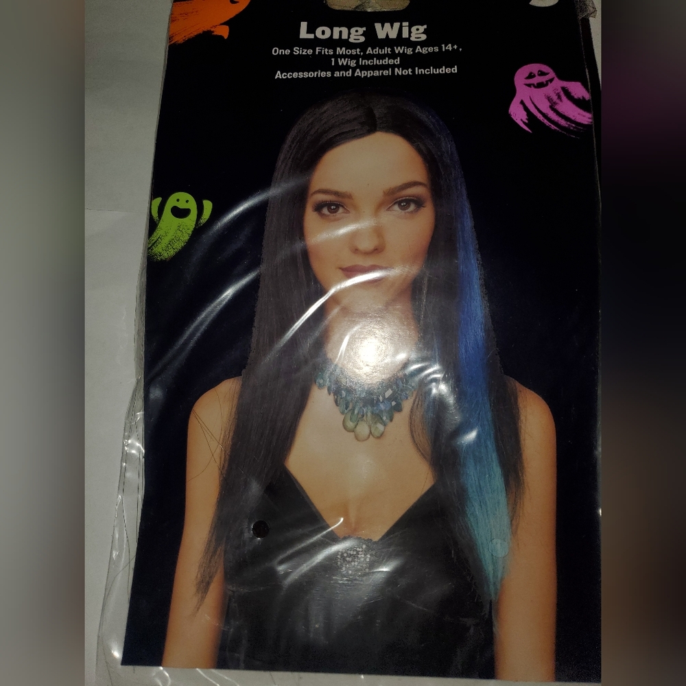 Long Black and Blue Streak Halloween Wig